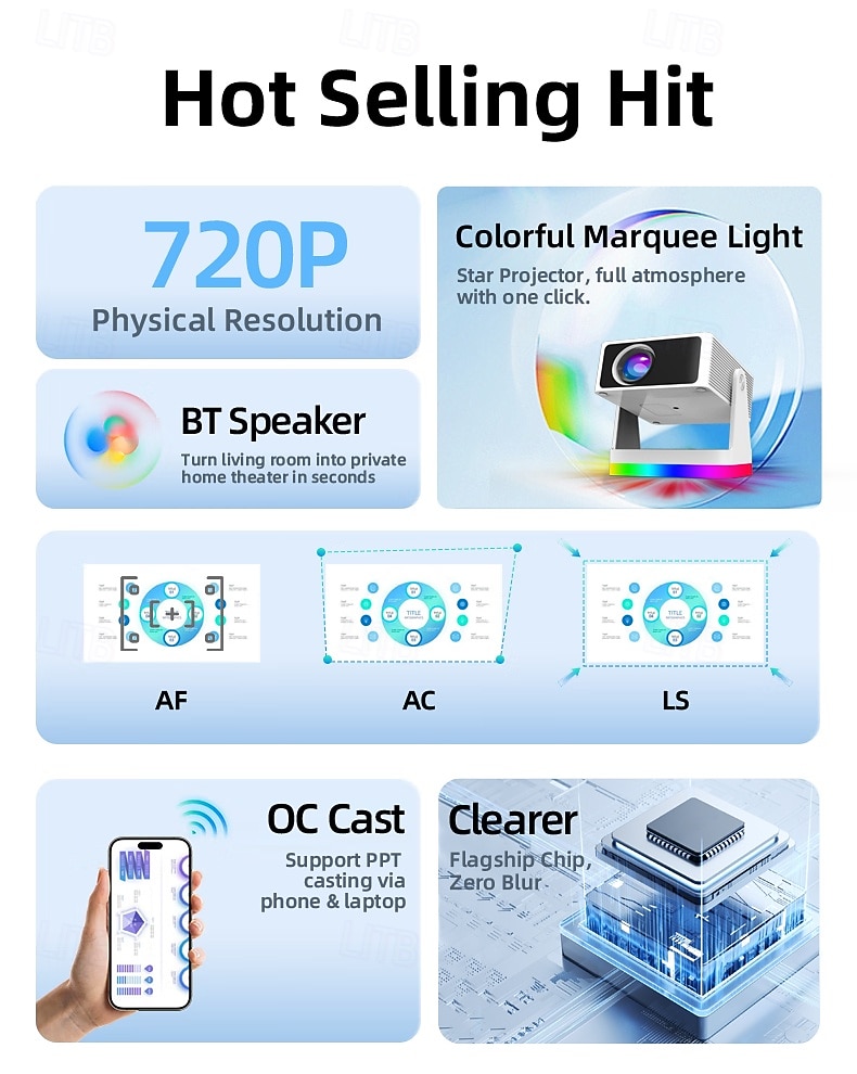 Smart Projector with Auto Focus & Auto Keystone, 720P Native Portable Movie Projector with RGB Ambient Light, Bluetooth Speaker, WiFi Screen Casting, 180° Rotatable Home Theater Projector 2026 - $127.99 –P9