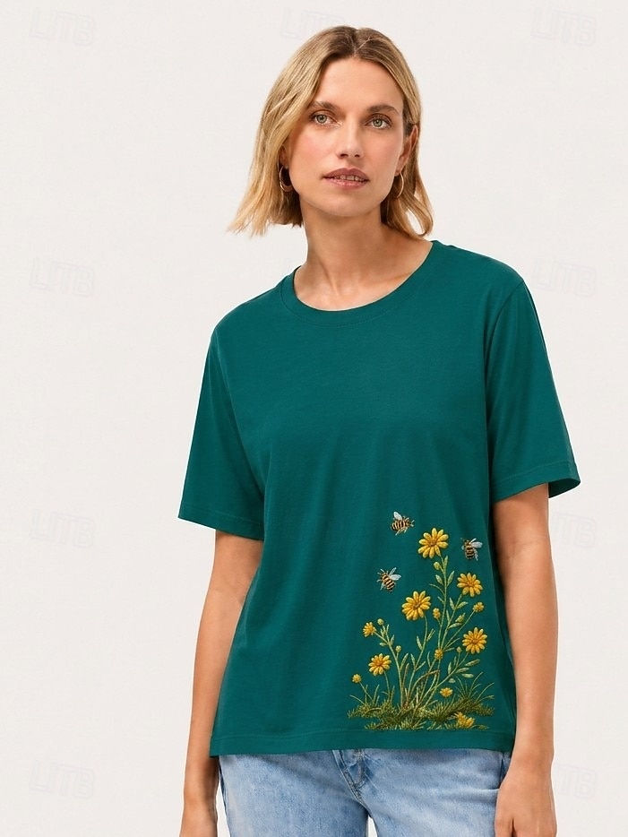 Damen-T-Shirt aus 100 % Baumwolle mit Stickerei, Sommer-Tops mit floralem Pflanzenmuster, elegantem Vintage- und tropischem Design, Kurzarm, Rundhalsausschnitt, langes Oberteil, lässig, für Strand und 2026 - $28.99 –P4
