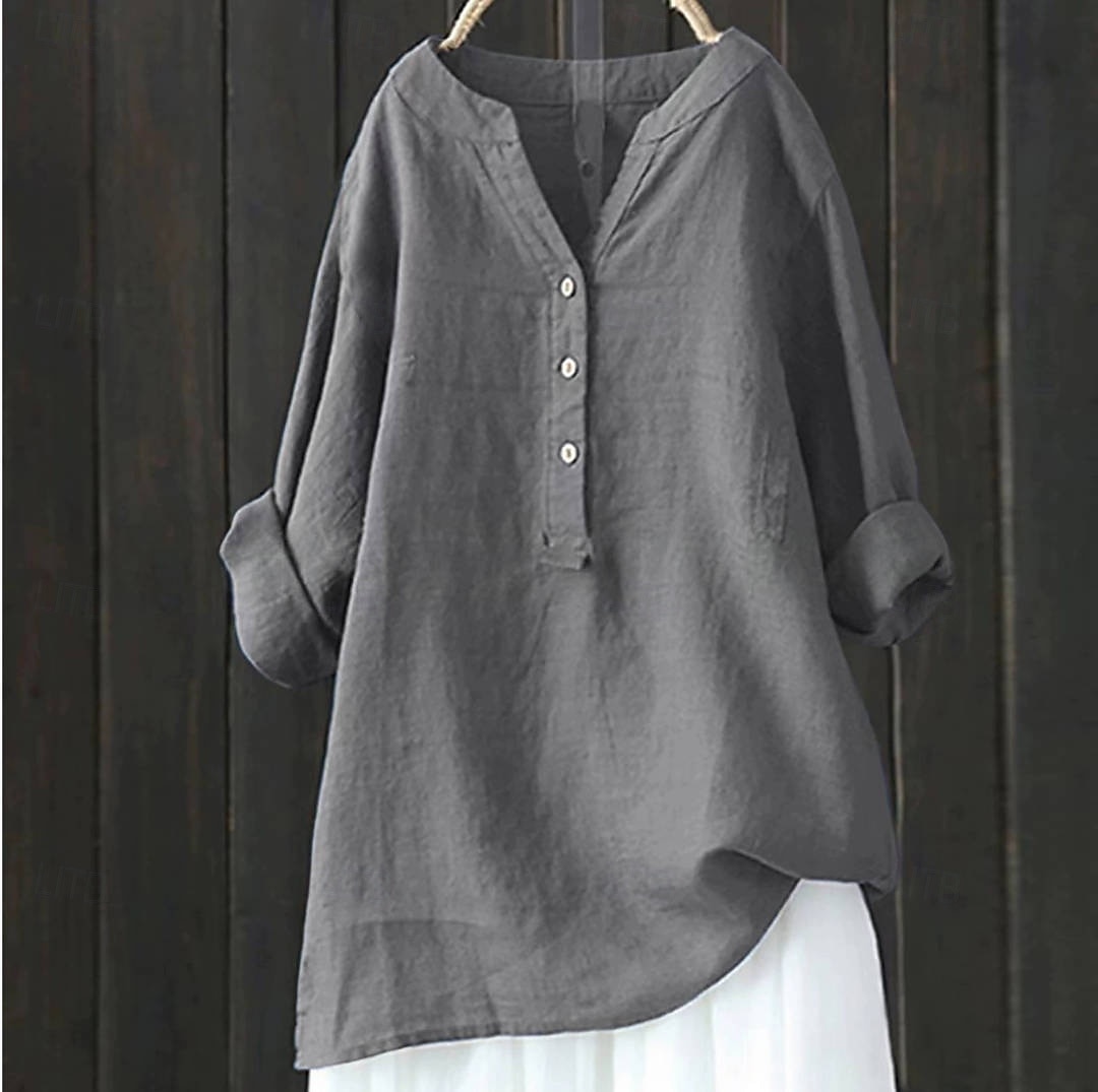 Camicie da donna 100% cotone con bottoni, tinta unita, vintage, maniche lunghe, scollo a V, top lunghi, casual, rosa chiaro, curcuma, nero, verde oliva, rosso, primavera del 2026 a $8.99 –P5