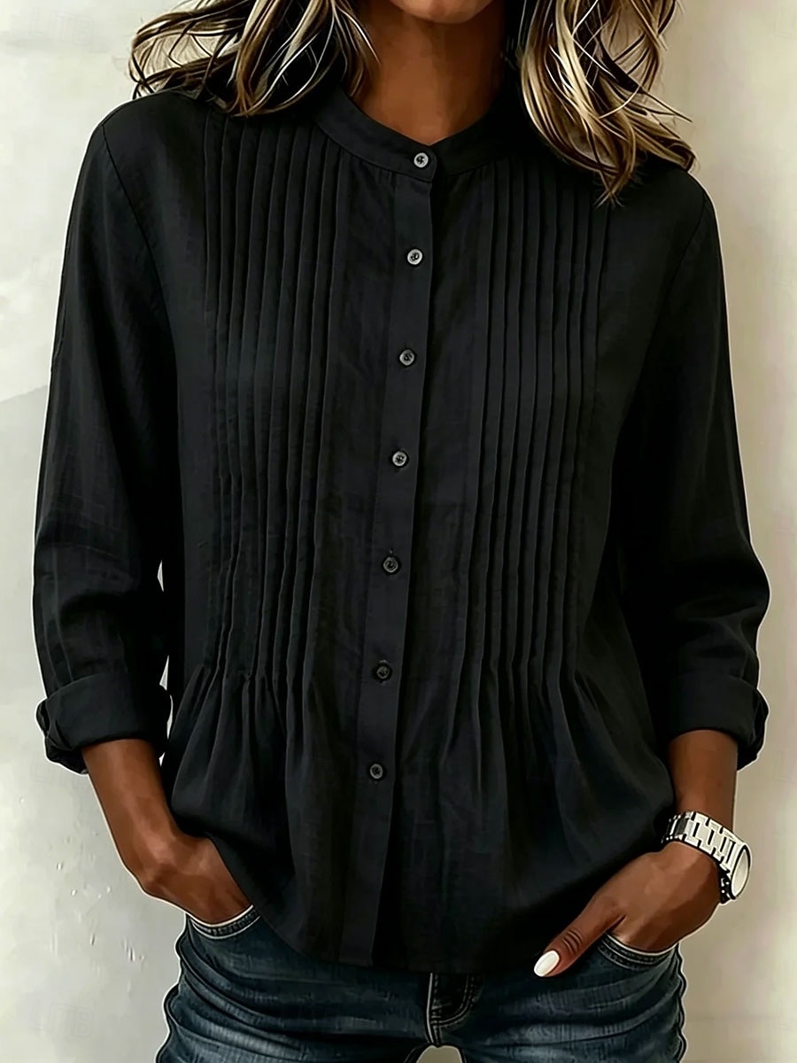 Damen Bluse Einfarbig Vintage Stilvoll Basic Langarm Mandarinkragen Normale Oberteile Lässig Täglich Blau Schwarz Weiß Purpur Sommer Frühling 2026 - $33.99 –P4