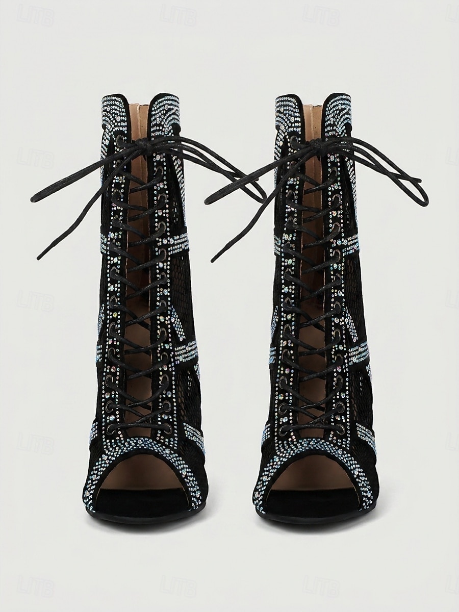 Women's Black Sparkle Rhinestone Ballroom Dance Boots – Black Mesh Latin Dance Heels with Lace-Up Design & Back Zipper for Salsa, Tango, Bachata & Stage Performance 2026 - $79.99 –P3