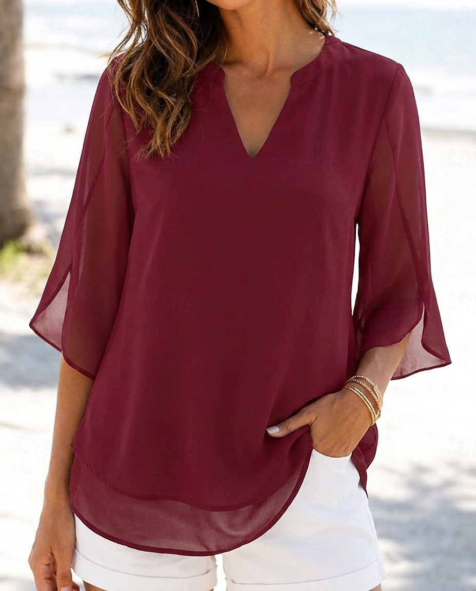 Per donna Top in chiffon Vacanza Vintage Quotidiano Scollo a V Top lunghi Casuale Nero Rosa Vino Blu marino Blu Reale Estate Primavera del 2026 a $23.99 –P3
