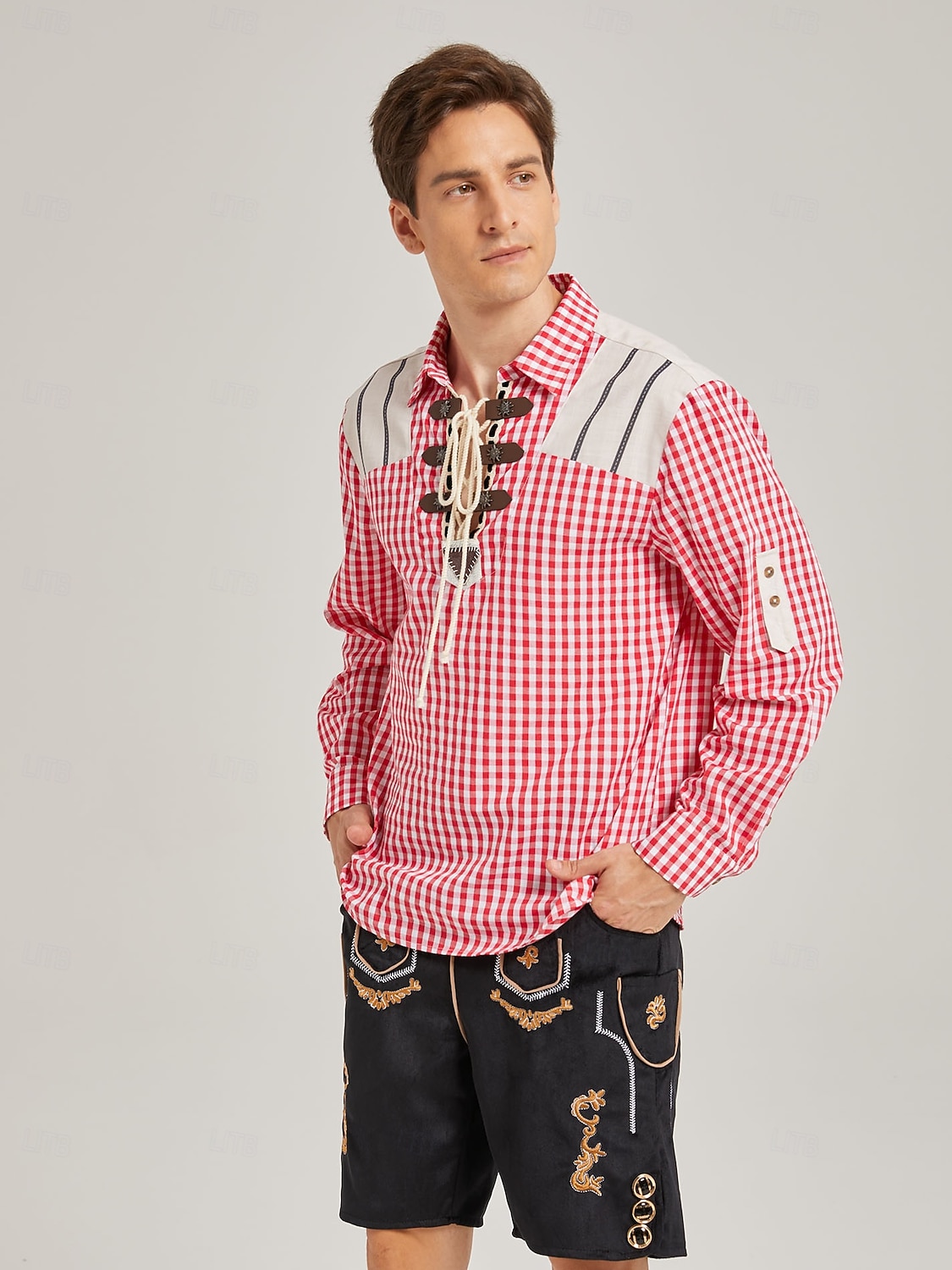 Oktoberfest Trachten shirts Rood geruit patroon Vetersluiting aan de voorkant Bavarian Duits Erfenis Weiden Voor heren Carnaval Bierfestival Doek in traditionele stijl 2026 - $65.99 –P6