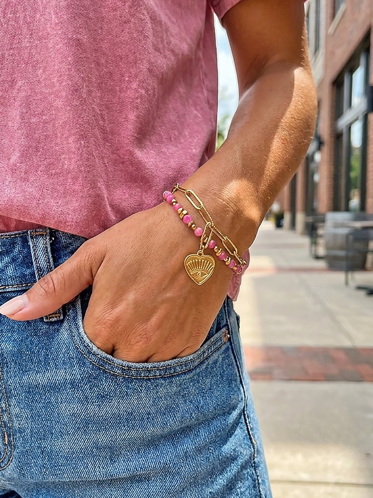 Damen-Doppelarmband im Boho-Stil mit mehreren Lagen Perlen, Naturstein &Charm-Armband aus Titanstahl für Damen, Sommer-Schmuckstück mit mehreren Anhängern – perfekt für Urlaub, Alltag und als Geschenk 2026 - $14.99 –P4