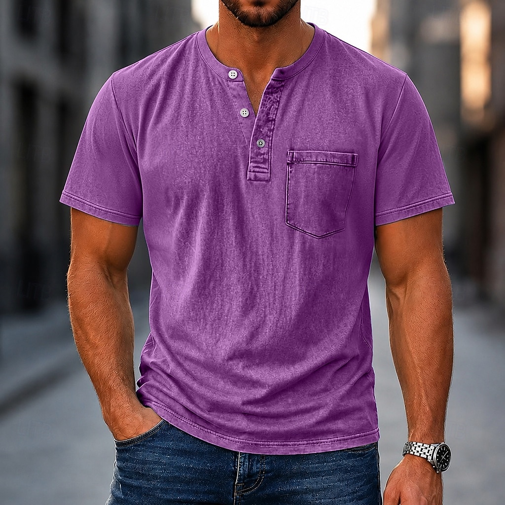 Men's Henley Shirt 100% Cotton Acid Wash Shirt T shirt Tee Short Sleeve Plain Retro Vintage Casual Distressed Vintage Style Washed Henley Casual Spring & Summer Summer Spring Black Light Green Pink 2026 - $31.99 –P9