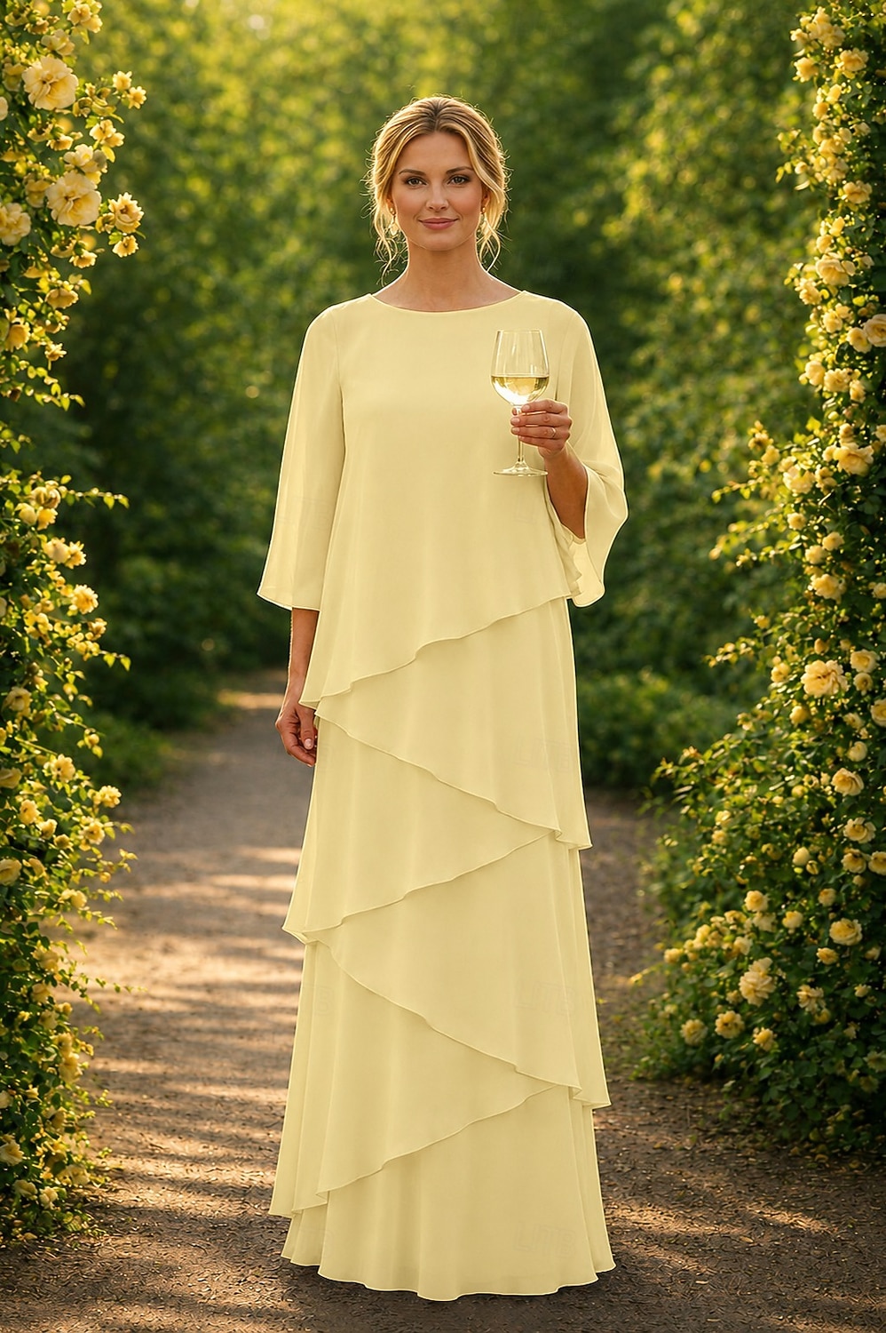 Funda Columna Hasta el Suelo Vestido Invitada Boda Vestido formal Vestido de noche Vestido de Madrina Manga 3/4 Cuello Barco Elegante Formal Gasa con Volantes 2026 - $172.99 –P16