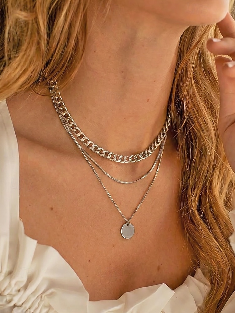 Damesketting met ronde schijfhanger in goud-zilveren lagen, minimalistische meerlaagse ketting van legering, elegante ketting voor elke dag, geschikt voor vakantie, werk, feestjes en als cadeau. 2026 - $7.99 –P3