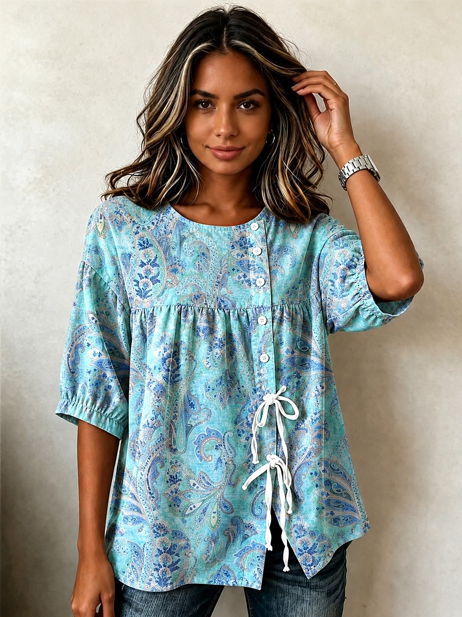 Femmes Chemisier Cordon de serrage Boutons Graphique Paisley Bohème Vacances ancien Manche 3/4 Col ras du cou Hauts Réguliers Occasionnel Bleu Orange Été Printemps de 2026 ? $32.99 –P2