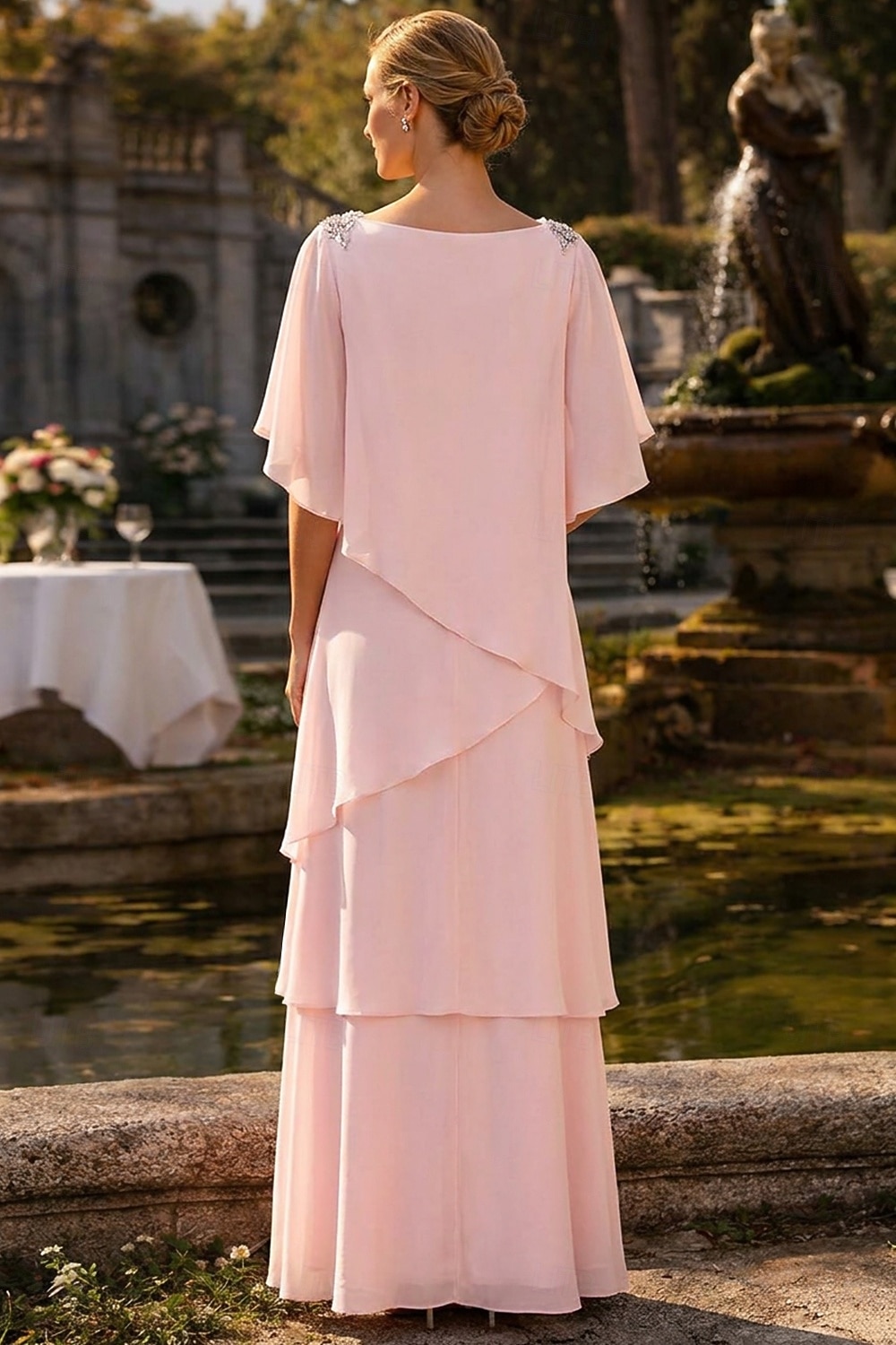 Linea ad A Lunghezza al pavimento Abito da invitata a nozze Abito Formale Abito a Strati Abito da cerimonia per signora Mezza Manica Girocollo Elegante Formale Ospite di nozze Chiffon con Volant del 2026 a $183.99 –P2