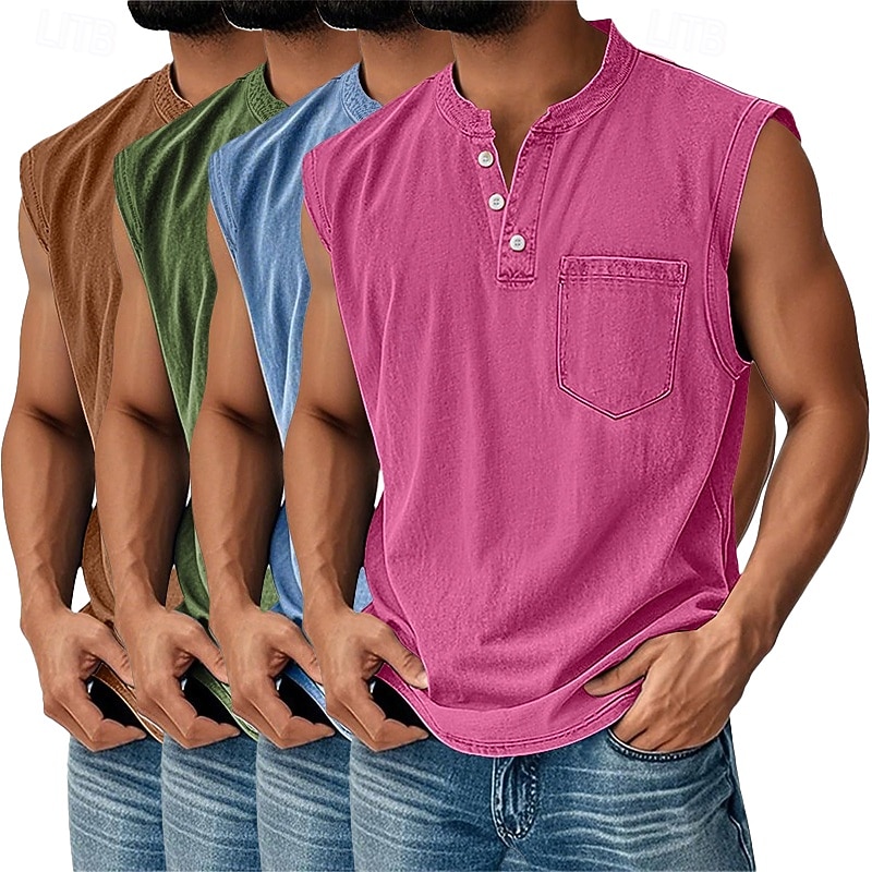 Men's 4-PCS Vest Top 100% Cotton Acid Wash Shirt Acid Wash Shirt Sleeveless Henley Summer Spring Plain Fashion Designer Basic Garment Dyed Vintage Washed Vacation Street Going out Top Tee for Men 2026 - $91.99 –P12