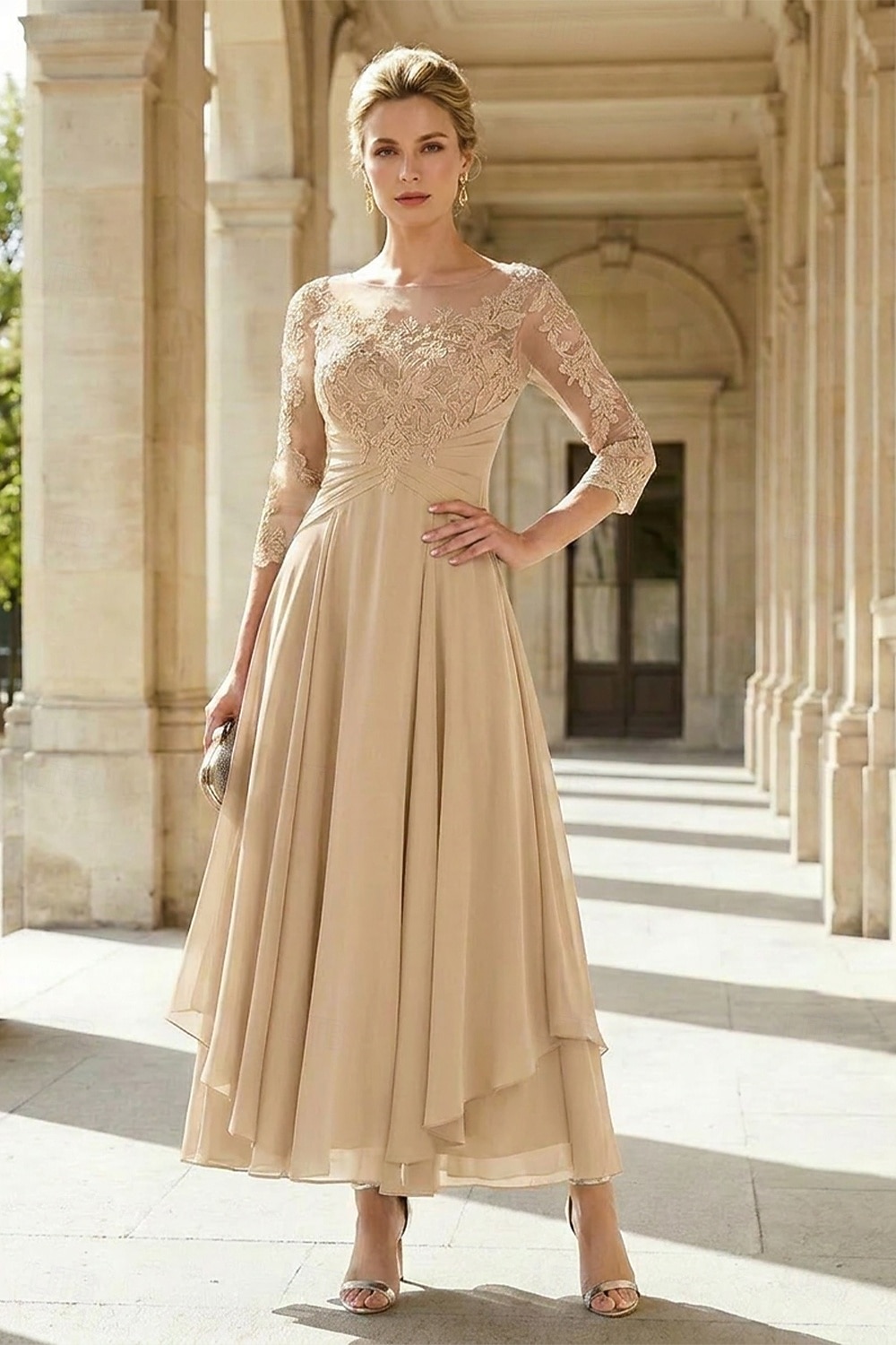 A-Line Ankle Length Party Dress Cocktail Dress Wedding Guest Dress Mother of the Bride Dress 3/4 Length Sleeve Jewel Neck Elegant Plus Size Wedding Guest Wedding Party Chiffon Lace with Ruched Sequin 2026 - $195.99 –P9