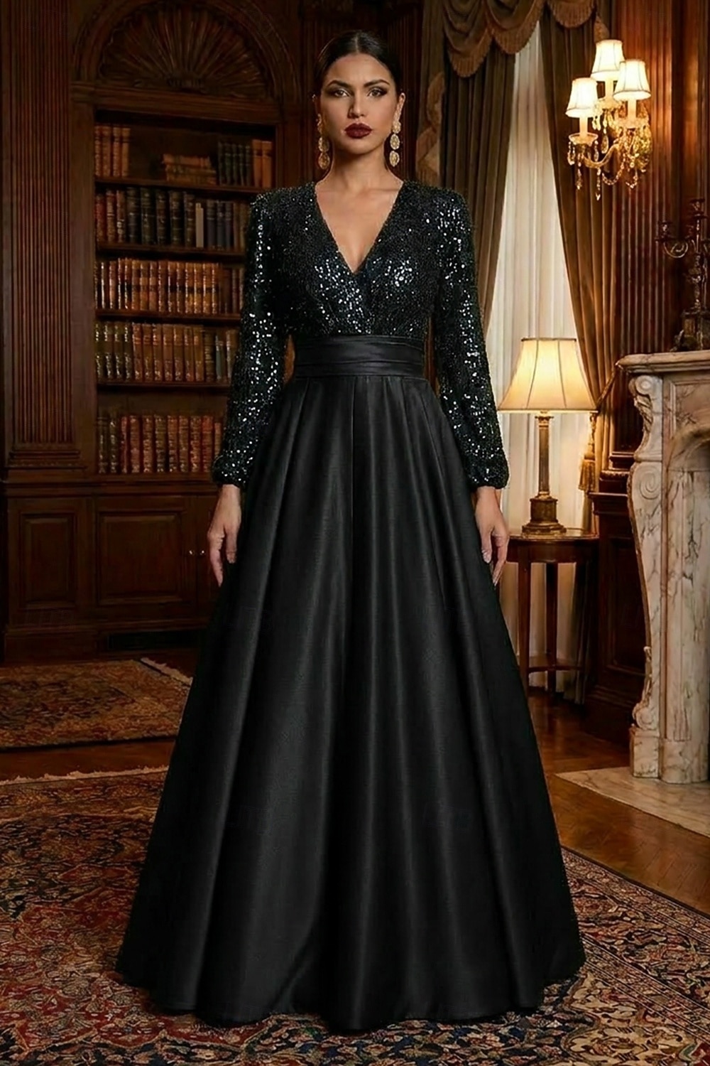 Linea ad A Lunghezza al pavimento Abito da Sera Da principessa Abito formale Elegante Scintillante Setoso Manica Lunga Scollo a V Matrimonio Formale Tasca Raso Con Paillettes con Glitter Pieghe Tasca del 2026 a $65.99 –P7