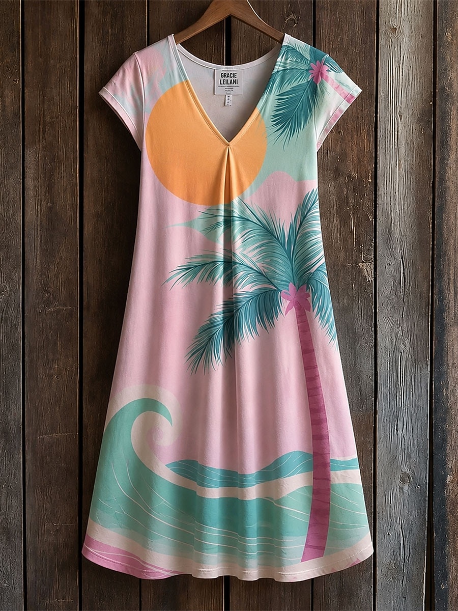 Women's Midi Dress Shift Dress T Shirt Dress Tee Dress Summer Dress Elegant Bohemia Vacation Beach Party Holiday Regular Fit Star Tropical Short Sleeve V Neck Blue White Yellow Green Summer Spring 2026 - $24.99 –P4