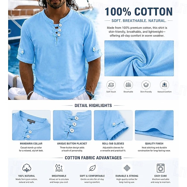 Men's 100% Cotton Polo Shirts Casual Vacation Collarless Short Sleeve Vacation Modern Plain Lightweight Buttons Summer Spring Blue White Yellow 100% Cotton 2026 - $26.99 –P4