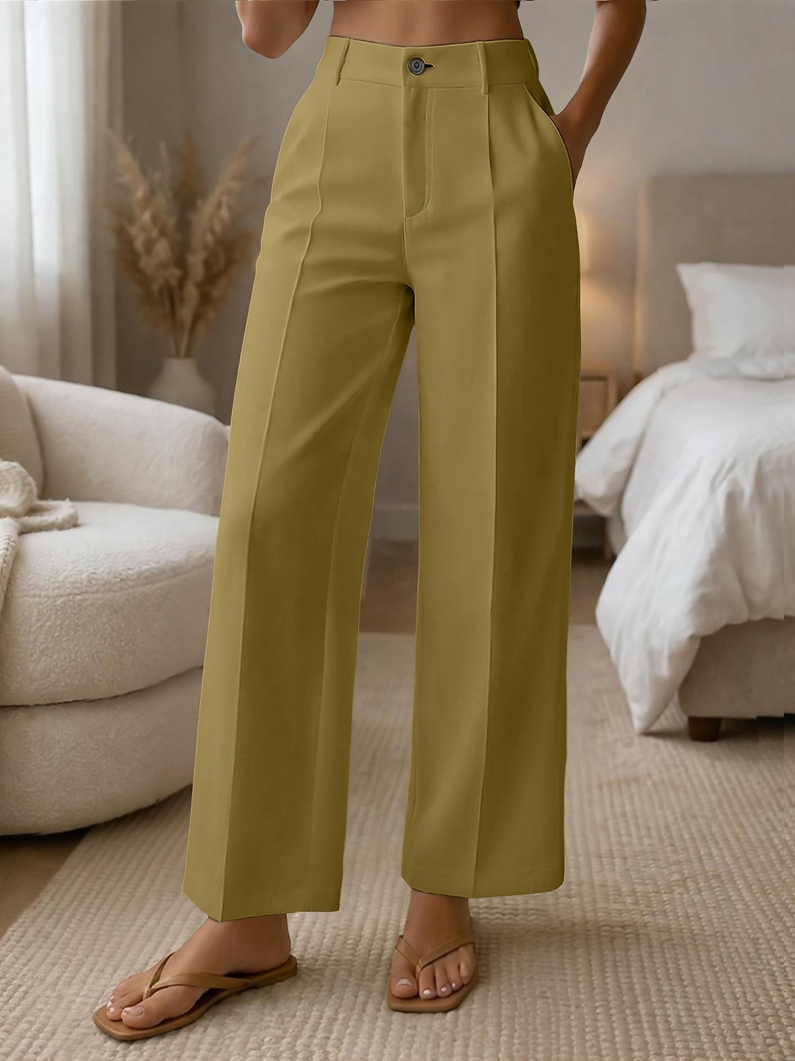 Mulheres Perna larga Calças Social Calça casual Moda Roupa de rua Básico Comprimento total Cintura Alta Tecido Bolsos Cintura elástica Confortável Sem Elasticidade Diário Escritório Férias Verde de 2026 por $10.99 –P13
