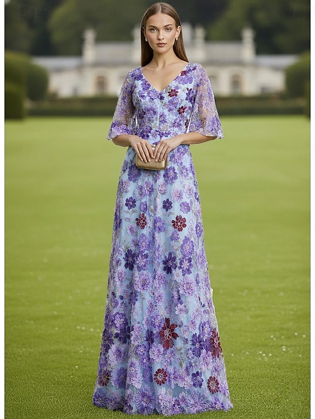 A-Line Floor Length Mother of the Bride Dress Short Sleeve V Neck Elegant Vintage Luxurious Formal Wedding Guest Wedding Party Chiffon Lace with Floral Print 3D Flowers Embroidery 2026 - $194.99 –P2