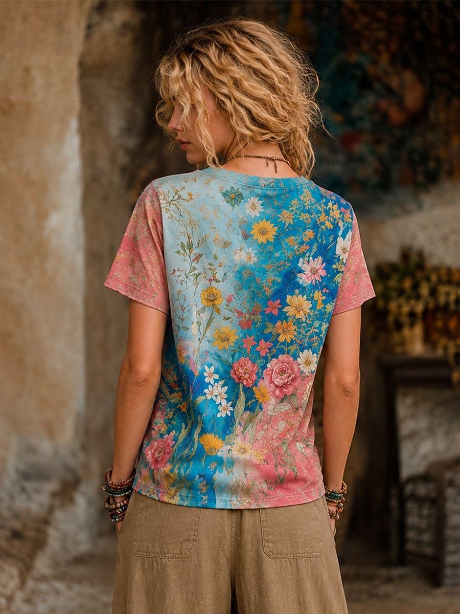 Mujer Camiseta bohemia Tops de verano Floral Graphic Plantas Elegante Bohemia Vintage Manga Corta Escote en Pico Tops regulares Casual Diario Deportes Azul Piscina Rosa albaricoque Rosa Verano 2026 - $21.99 –P2