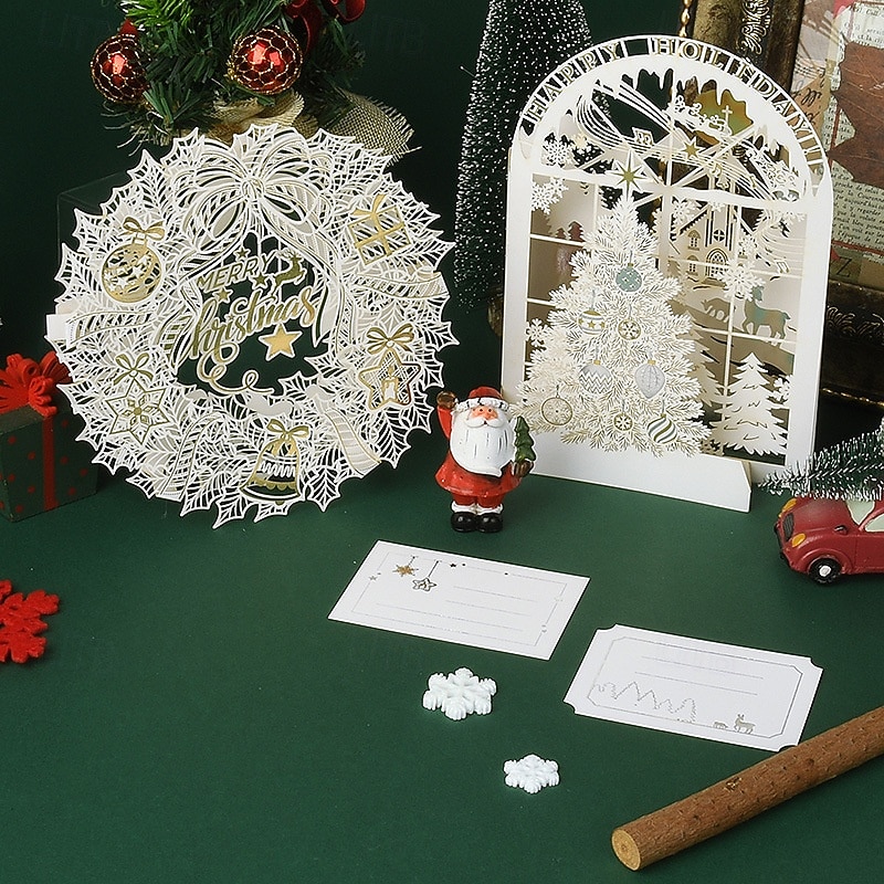 2026年 3Dポップアップクリスマスカード、レーザーカットの自立型グリーティングカードセット、メリークリスマスツリーリース雪の村のデザイン、家族や友人向けのエレガントな手作りホリデーカード、封筒付き新年ギフトカード  コレクション – $12.99 –P3