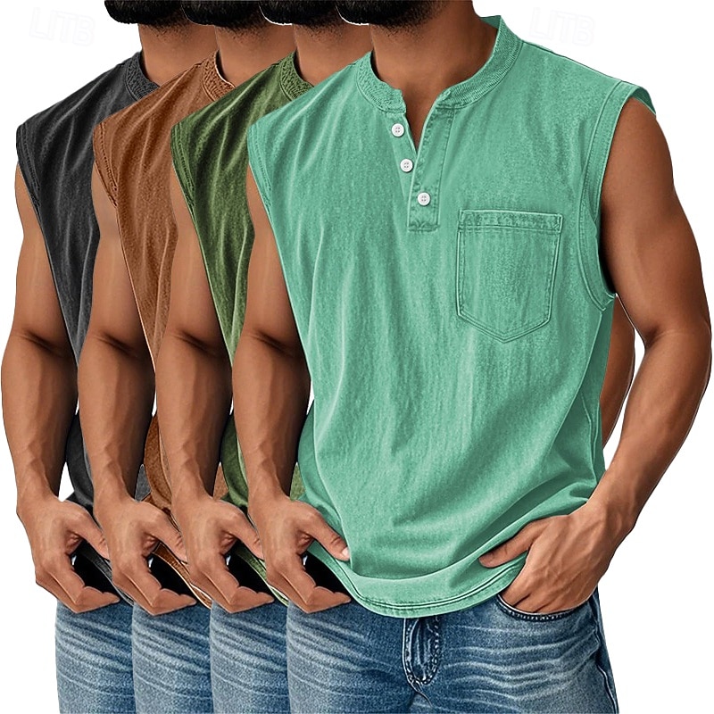 Men's 4-PCS Vest Top 100% Cotton Acid Wash Shirt Acid Wash Shirt Sleeveless Henley Summer Spring Plain Fashion Designer Basic Garment Dyed Vintage Washed Vacation Street Going out Top Tee for Men 2026 - $91.99 –P13