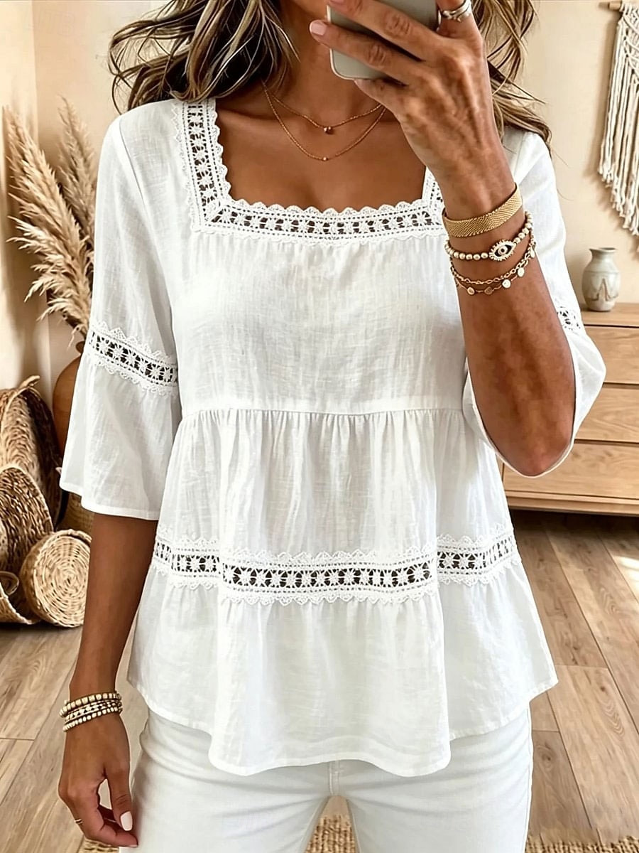 Women's Blouse Lace Trim Solid Color Vintage Stylish Classic 3/4 Length Sleeve Square Neck Regular Tops Casual Daily Blue White Pink Summer Spring 2026 - $33.99 –P1