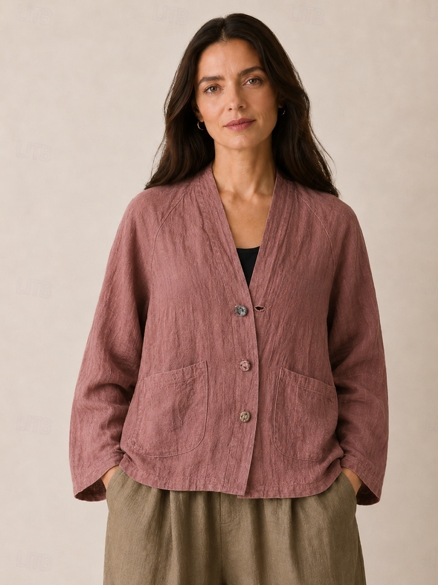 camicetta da donna in lino a maniche lunghe con bottoni, scollo a V, tasca, vestibilità regolare, stile vintage casual, bordeaux, blu navy, marrone, autunno/inverno del 2026 a $45.99 –P1
