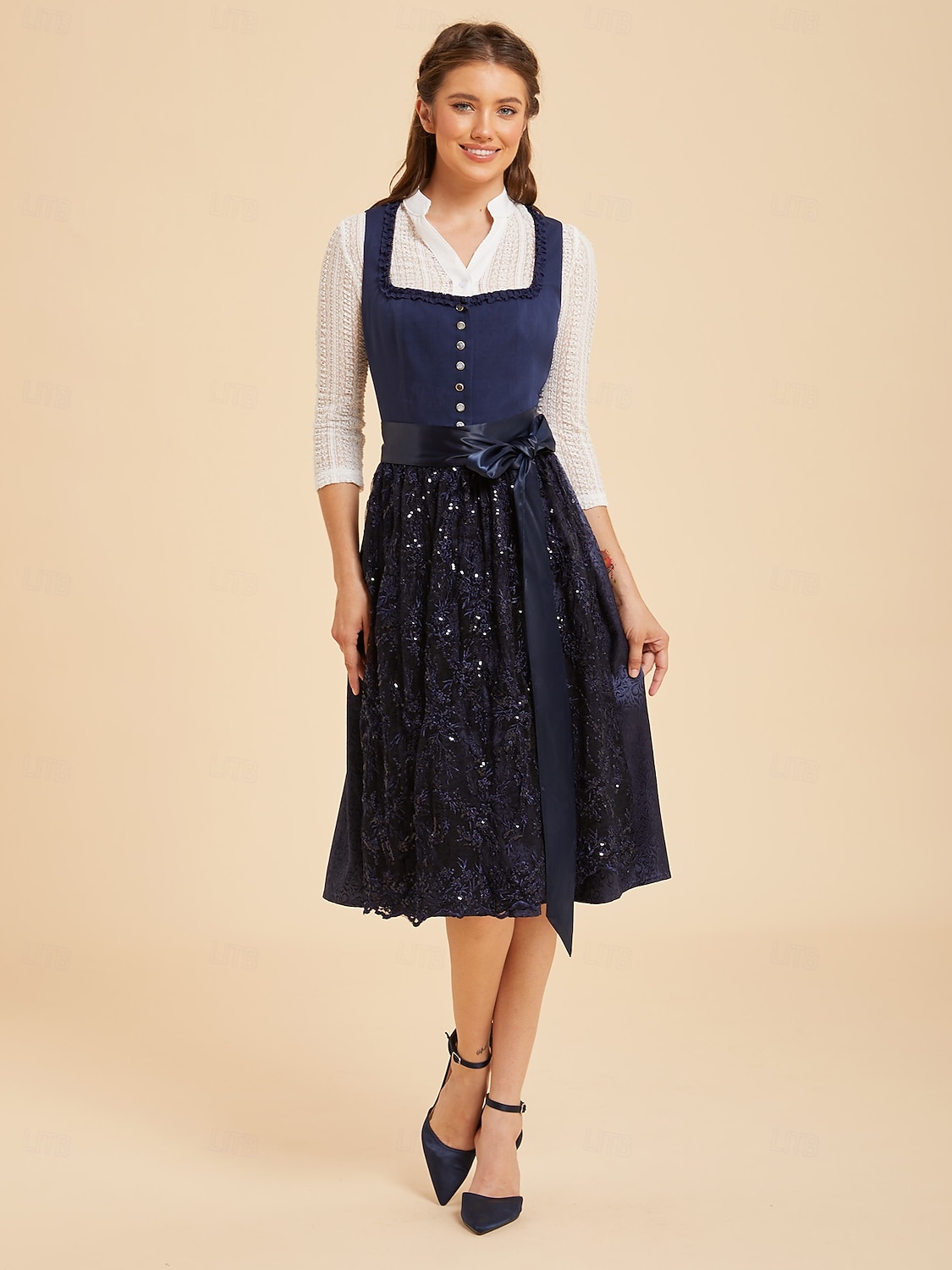 Oktoberfest Dirndl Dress Midi Length Sequins Embroidered with Pockets Balconette Neckline Maid Bavarian German Alpine Wiesn Women's Carnival Beer Festival Traditional Style Cloth Without Blouse (70CM) 2026 - $110.99 –P11