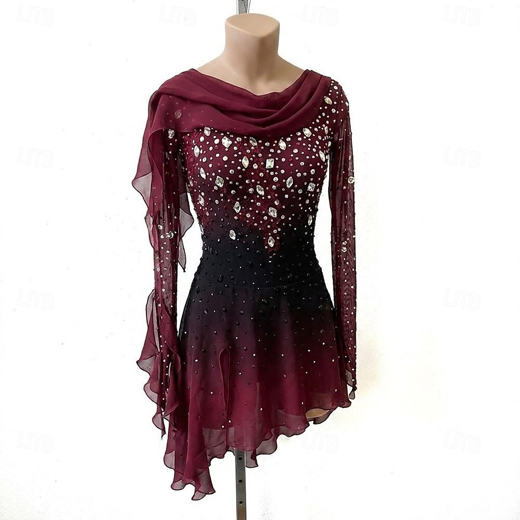 Abito da pattinaggio artistico Per donna Pattinaggio sul ghiaccio Vestito Borgogna Patchwork Orlo asimmetrico Alta elasticità Allenamento Competizione Vestiti da pattinaggio sul ghiaccio Classico del 2026 a $309.59 –P1