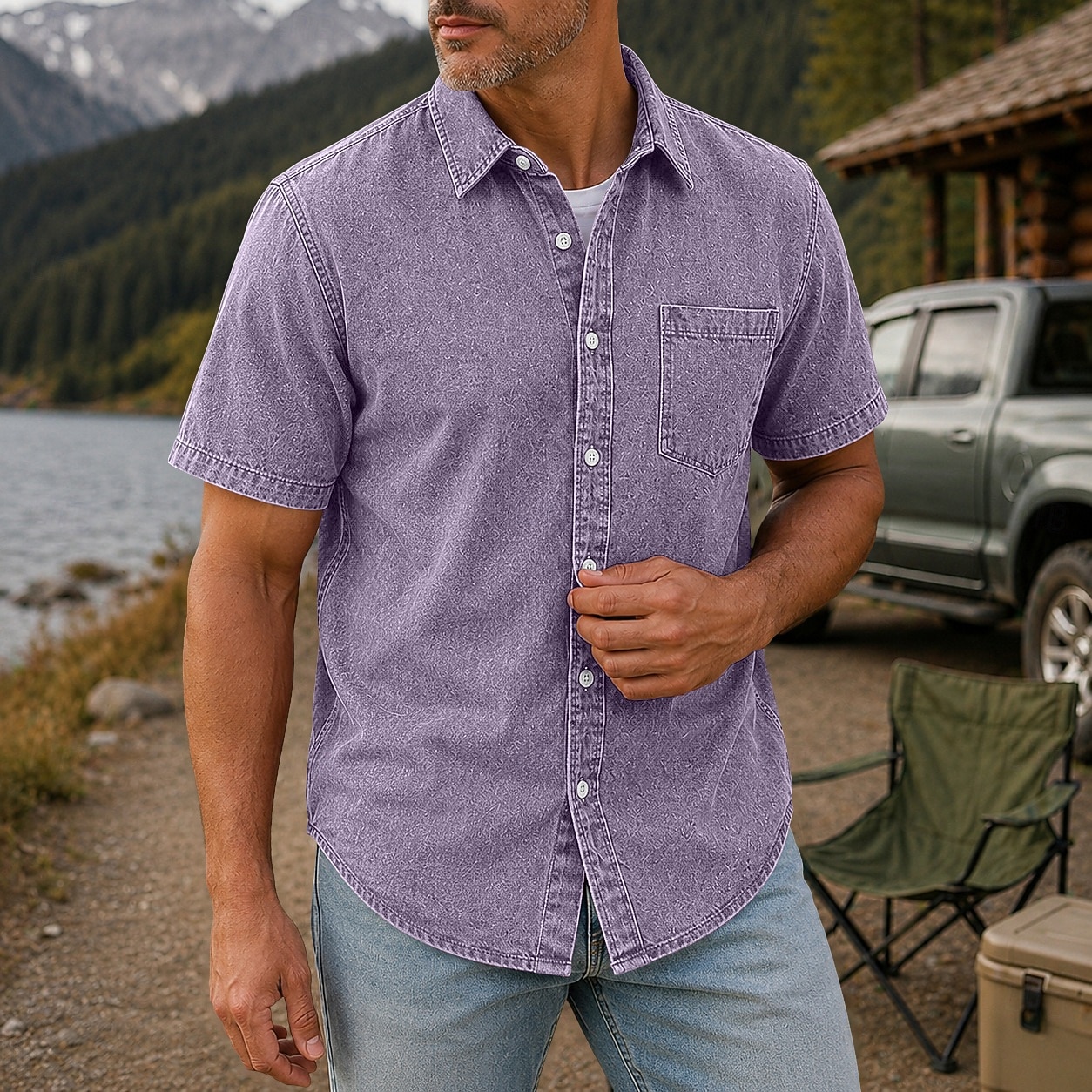 SoftFade™ Men Shirt Casual Shirt Demin Shirt Acid Wash Shirt Garment Dyed Black Light Green Burgundy Navy Blue Purple Short Sleeve Plain Shirt Collar Casual Daily Button-Down Clothing 2026 - $31.99 –P7