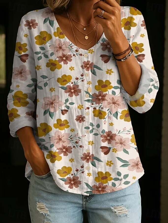 Mulheres Camisa Social Franzido Botões Floral Gráfico Elegante Boêmia Férias Decote V Tops curtos Casual Branco Amarelo Castanho Claro Verão Primavera de 2026 por $34.99 –P1