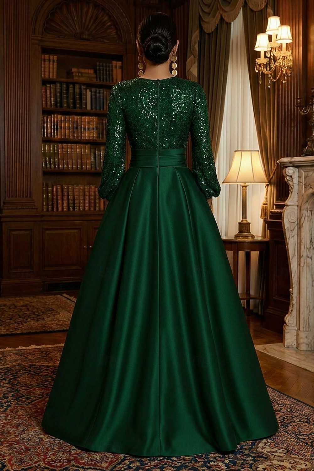 Linea ad A Lunghezza al pavimento Abito da Sera Da principessa Abito formale Elegante Scintillante Setoso Manica Lunga Scollo a V Matrimonio Formale Tasca Raso Con Paillettes con Glitter Pieghe Tasca del 2026 a $65.99 –P2
