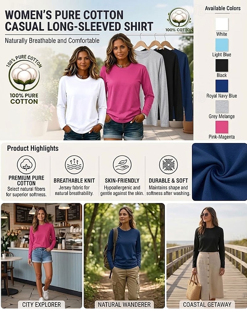 Tricouri de damă din bumbac 100% - tricou de calitate, cu mânecă lungă și guler rotund 2026 - $21.99 –P1