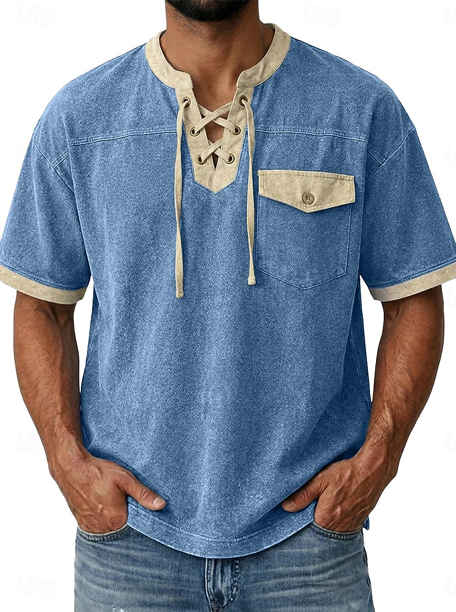 Hombre Camiseta Camisa vaquera Camisa 100% algodón con lavado ácido Manga Corta cuello con cordones Otoño invierno Primavera Otoño Plano Vintage Ropa de calle Casual Bolsillo Lavado Casual Hogar Calle 2026 - $35.99 –P9