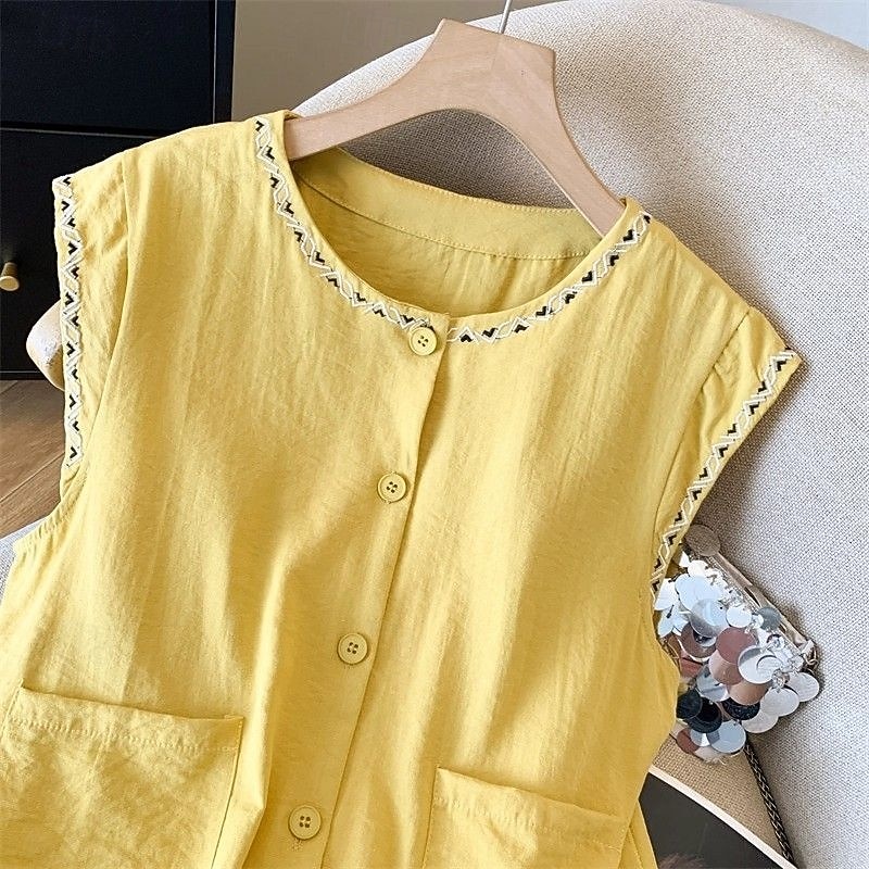 Mujer Chaleco de lino y algodón Camisa de verano Bordado Vintage Sin Mangas Cuello Barco Tops largos Casual Blanco Amarillo Azul Marino Verano Primavera 2026 - $21.99 –P16
