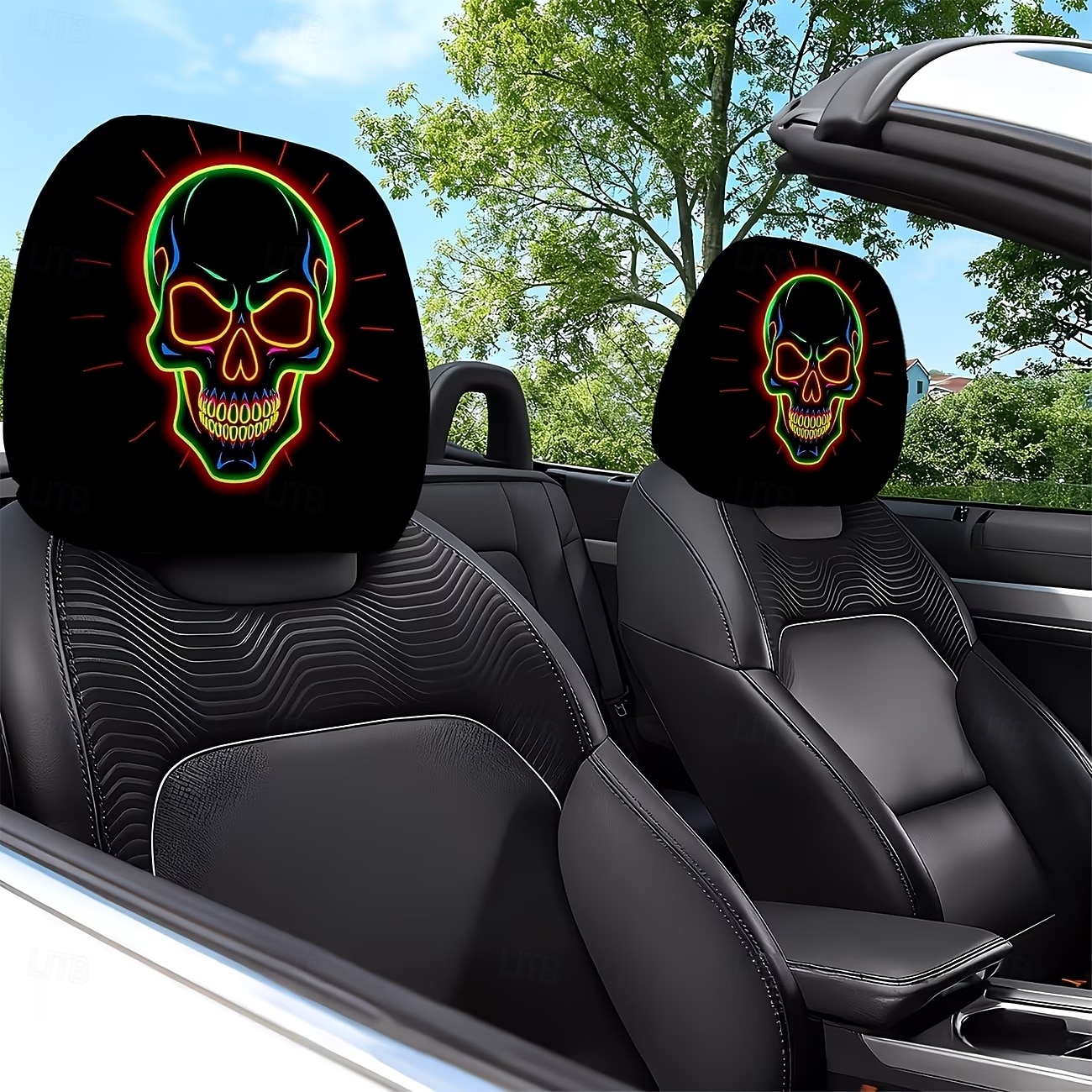 Fundas para reposacabezas de coche con cabeza de calavera fluorescente de neón (2/4 unidades), estampado de calavera de neón moderno y atractivo, decoración interior de coche personalizada, ajuste 2026 - $16.99 –P2