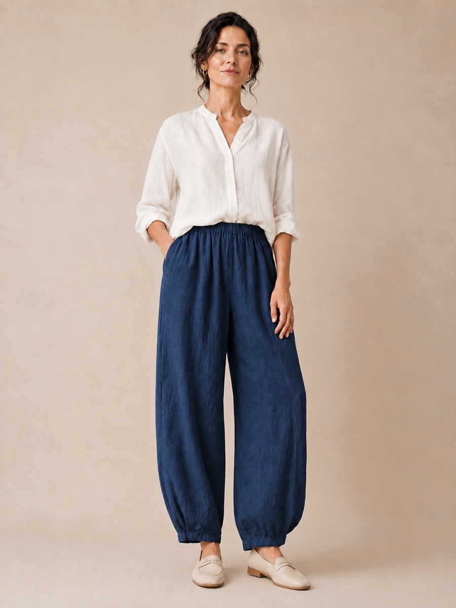pantaloni de vară din in pentru femei, talie medie, lungime completă, buzunar, talie elastică, culoare vară, alb, negru, bleumarin închis, kaki, toamnă 2026 - $49.99 –P9