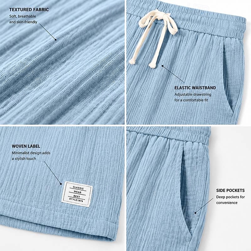 Homme Shorts d'été Shorts de plage Short décontracté Cordon de serrage Taille Élastique Couleur Unie Texturé Confort Longueur Genou Quotidien Extérieur Vêtements de rue Mode Rétro Vintage Bleu Kaki de 2026 ? $25.99 –P2