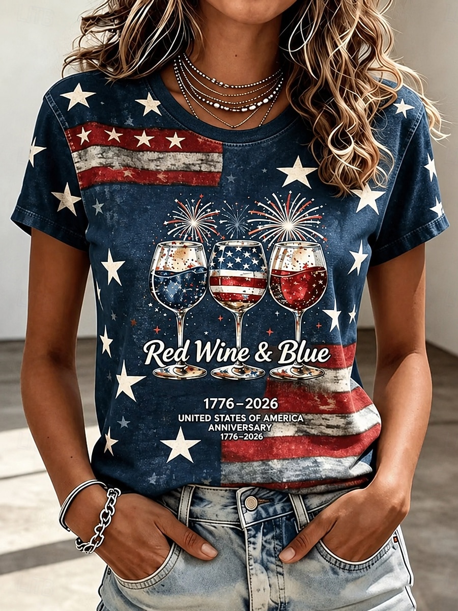 T-shirt patriote pour le 250e anniversaire des femmes Imprimé graphique Drapeau mode élégant classique à manches courtes col rond Tops réguliers décontractés quotidiens Bleu Rouge vin Bleu marine Été de 2026 ? $21.99 –P4