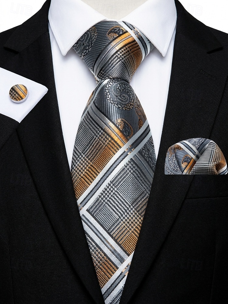 Krawatten-, Einstecktuch- und Manschettenknopfset für Herren, mehrfarbig gemustertes Polyester-Krawattenset für Hochzeiten, Business-Anlässe, formelle Anlässe und Abendgarderobe 2026 - $14.99 –P4