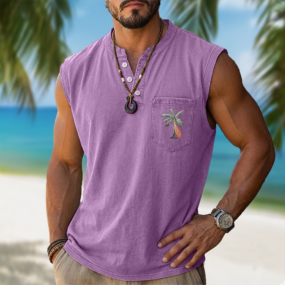 Men's 100% Cotton Acid Wash Shirt Sleeveless Shirt Sleeveless Henley Summer Solid Color Ocean Coconut Casual Garment Dyed Faded Vintage Washed Casual Daily Streetwear Blue Black Purple Top Tee for Men 2026 - $30.99 –P4