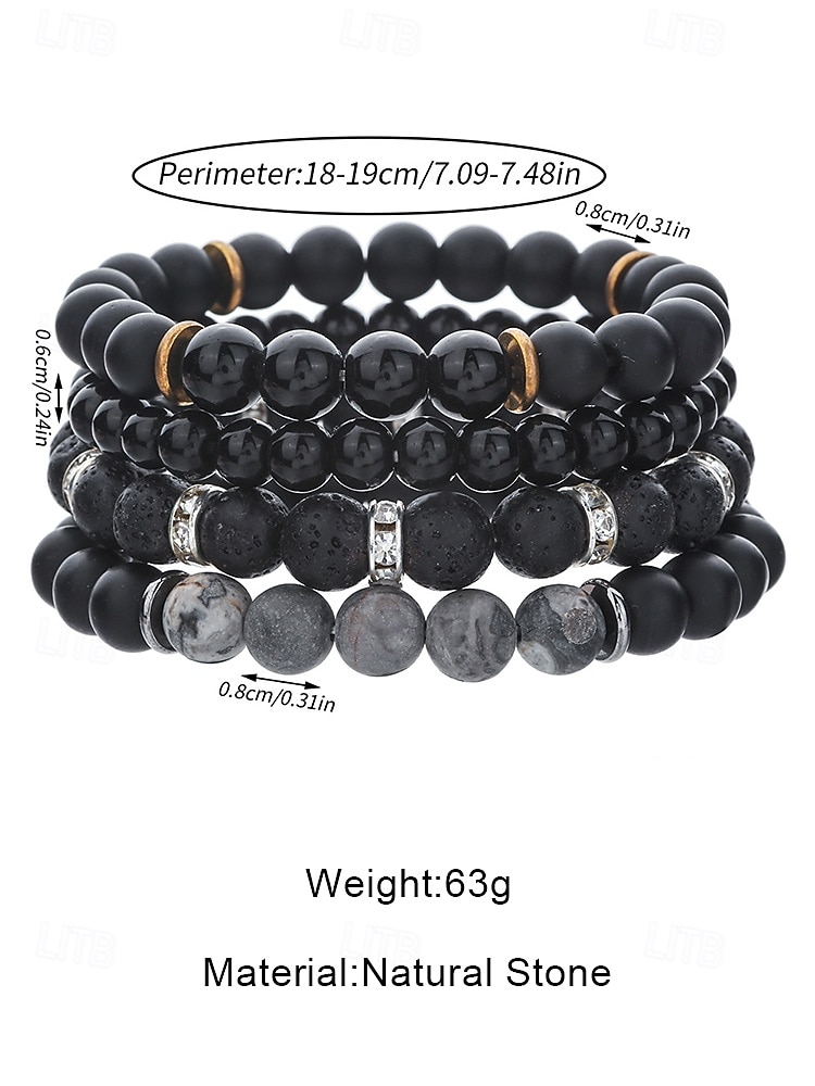 Men's Natural Stone Bracelet Set 4PCS, Layered Black & Grey Beaded Bracelets, Lava Stone and Matte Finish Beads, Summer Casual Jewelry for Vacation, Travel, Beach and Everyday Wear 2026 - $9.99 –P5