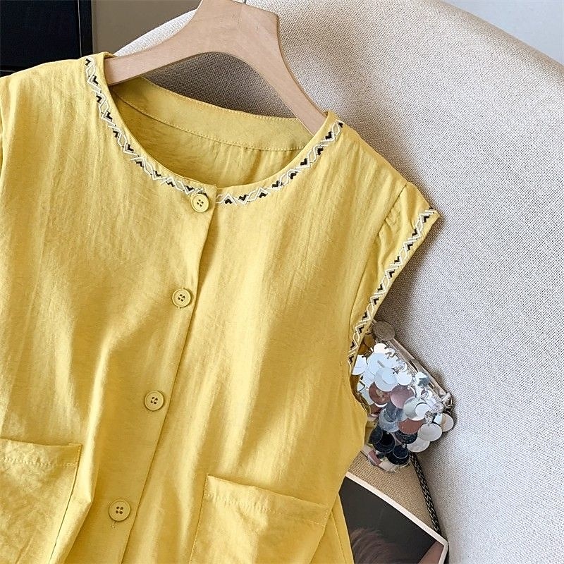 Mujer Chaleco de lino y algodón Camisa de verano Bordado Vintage Sin Mangas Cuello Barco Tops largos Casual Blanco Amarillo Azul Marino Verano Primavera 2026 - $21.99 –P3