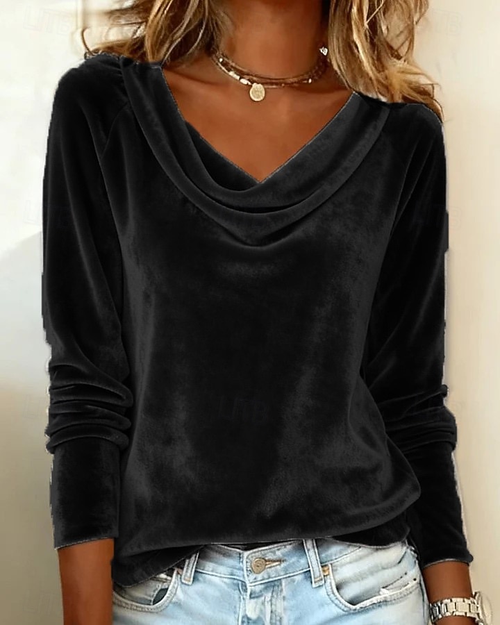 Damesblouse van fluweel met colkraag en lange mouwen, elegante raglanmouwen, zachte velours, casual, chique tuniek. 2026 - $24.99 –P11