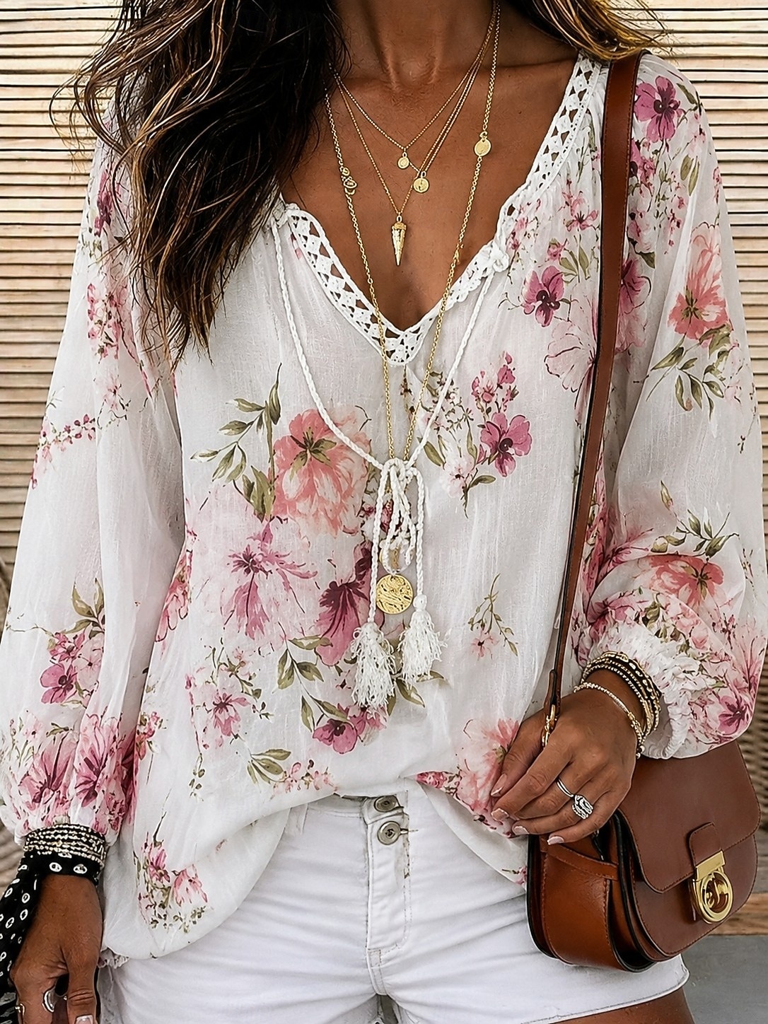 Women's Shirt Eyelet Top Lace Shirt Lace Splicing Top Jacquard Ombre Floral Graphic Elegant Bohemia Active Long Sleeve V Neck Long Tops Casual Beach Holiday White Pattern Orange Summer Spring Fall 2026 - $21.99 –P1