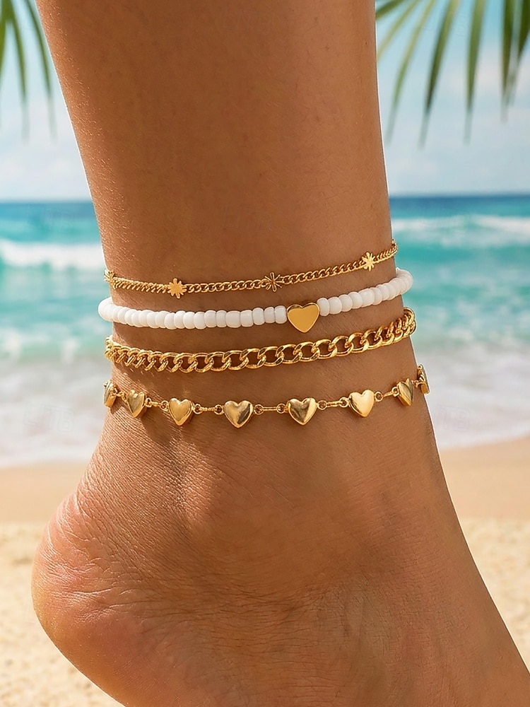 Dames enkelbandjesset van 4 stuks in boho-stijl, goudkleurige legering enkelbandjes met hartvormige bedeltjes en witte kralen, zomerse strandvakantie sieraden voor vrouwen 2026 - $7.99 –P2