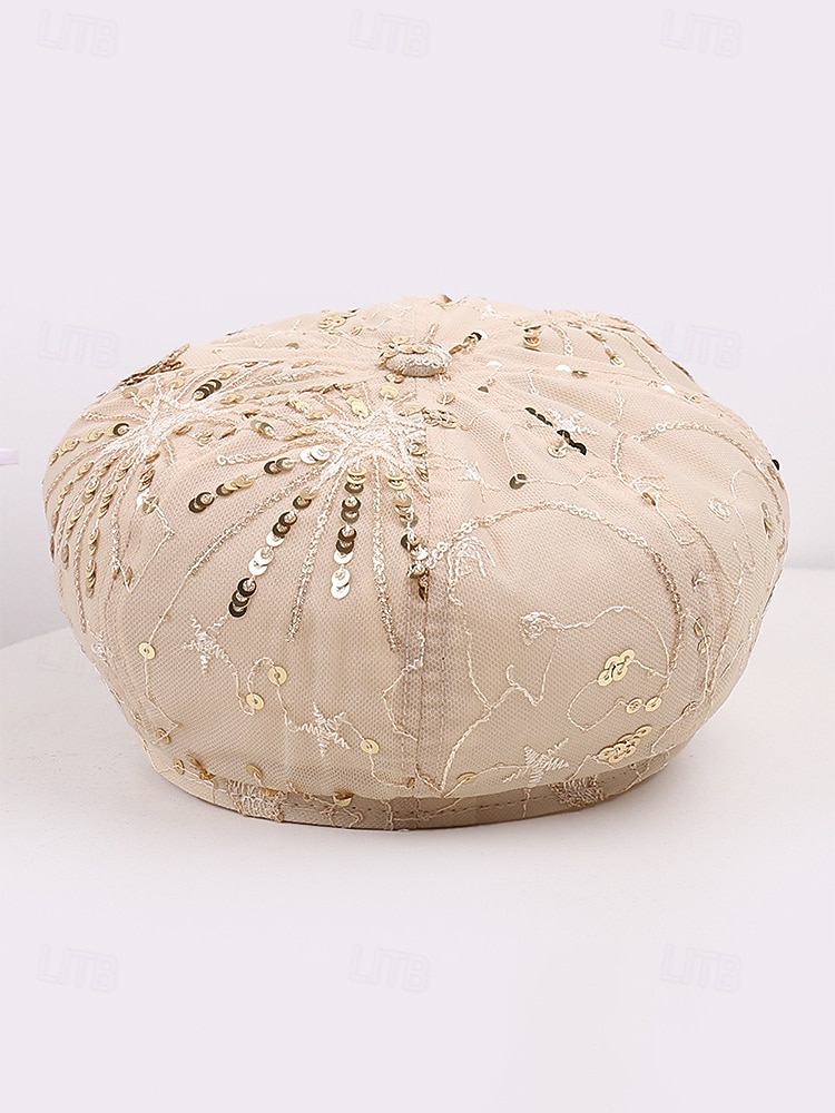 Zomerse pet met pailletten en sterrenmotief voor dames, gemaakt van ademend mesh. &linnenmix, resort &Platte reishoed, champagne goudbeige/wit/zwart, elegante dameshoed 2026 - $14.99 –P10
