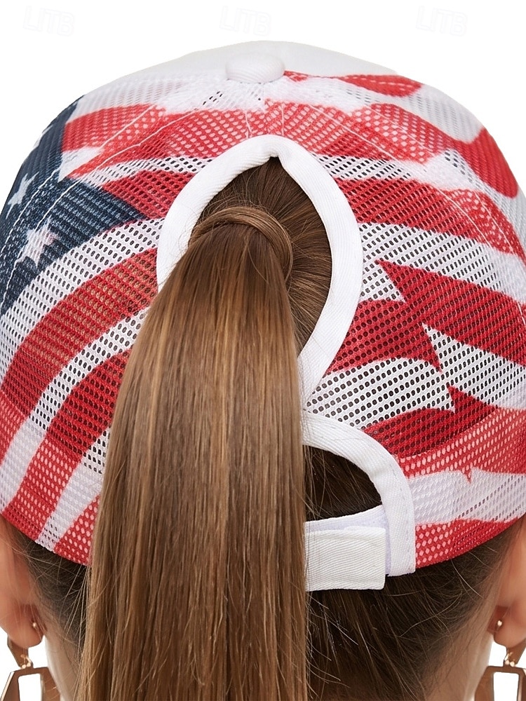 Boné de beisebol feminino patriótico com abertura para rabo de cavalo, algodão lavado. &Boné trucker ajustável em tela, boné de verão multicolorido com a bandeira dos EUA para o 4 de julho, boné para de 2026 por $14.99 –P10