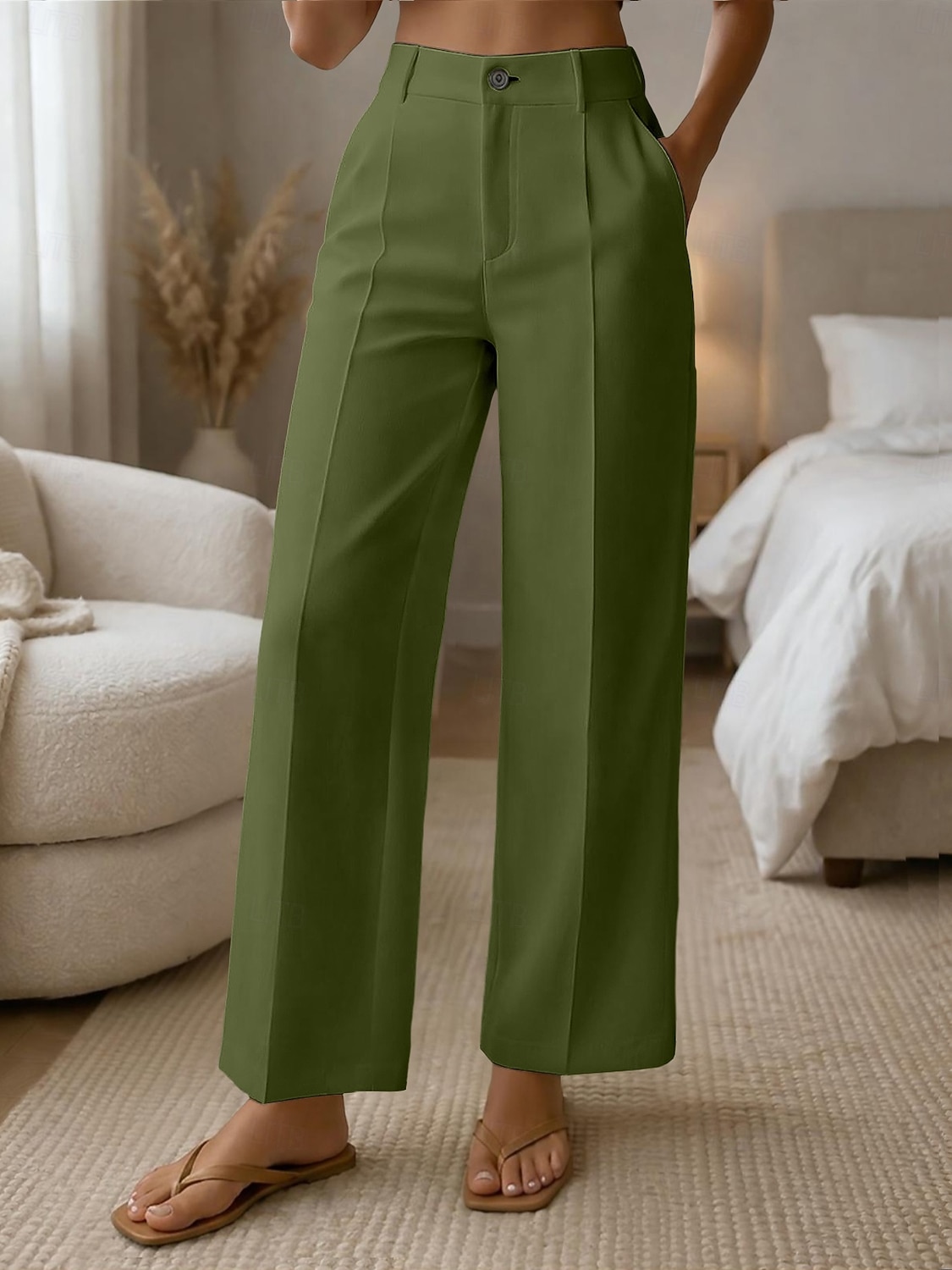 Mulheres Perna larga Calças Social Calça casual Moda Roupa de rua Básico Comprimento total Cintura Alta Tecido Bolsos Cintura elástica Confortável Sem Elasticidade Diário Escritório Férias Verde de 2026 por $10.99 –P8