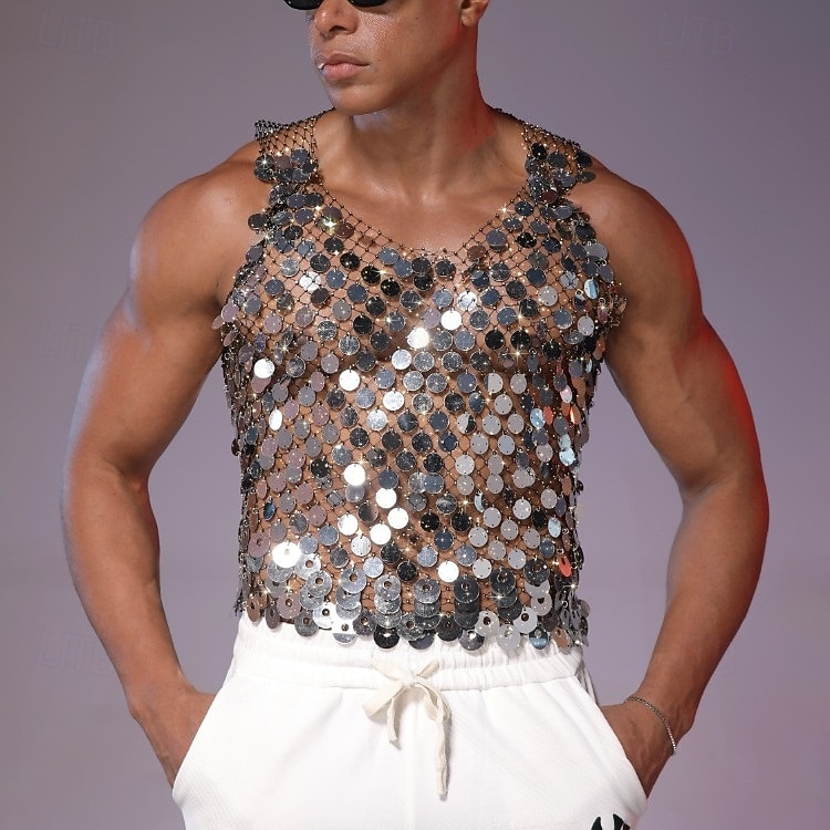 Retro Antiguo Disco Años 80 Top tank Sin Mangas Disco Lentejuelas Metálico Brillante Camiseta con cuello redondo Disfraz Hombre Víspera de Todos los Santos Carnaval Fiesta Club nocturno Adulto 2026 - $37.99 –P6