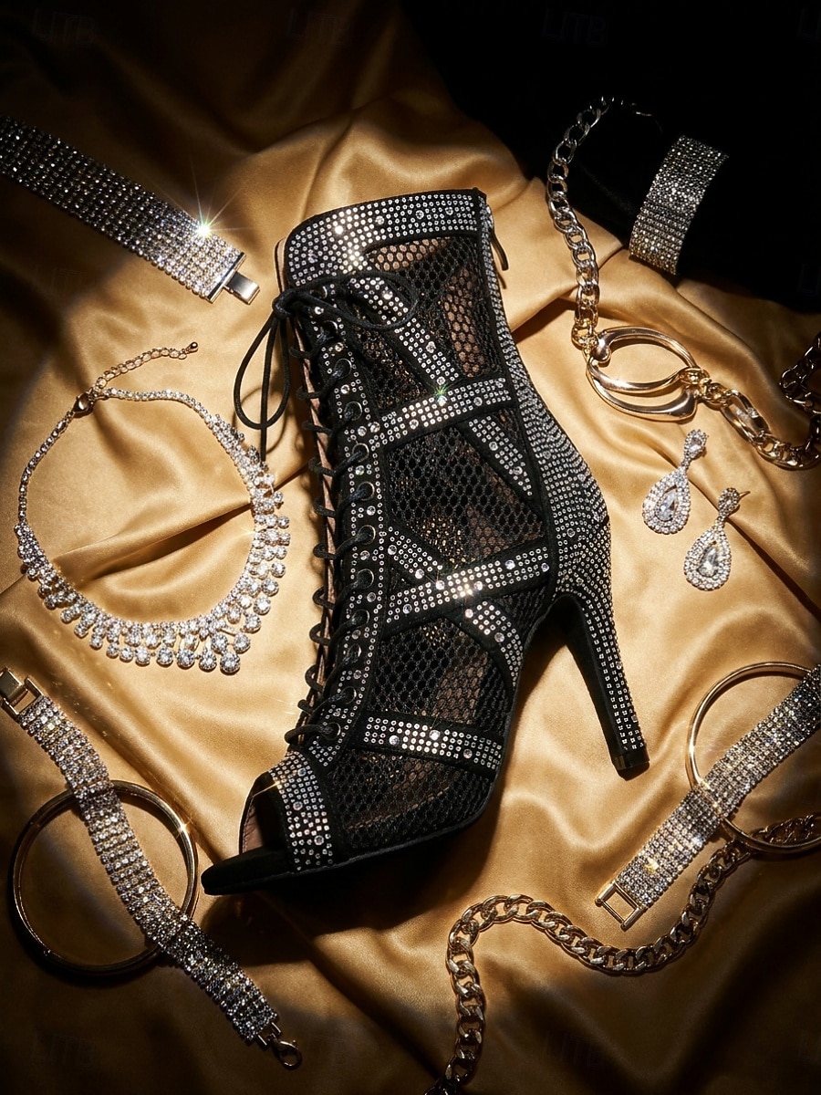 Women's Black Sparkle Rhinestone Ballroom Dance Boots – Black Mesh Latin Dance Heels with Lace-Up Design & Back Zipper for Salsa, Tango, Bachata & Stage Performance 2026 - $79.99 –P1