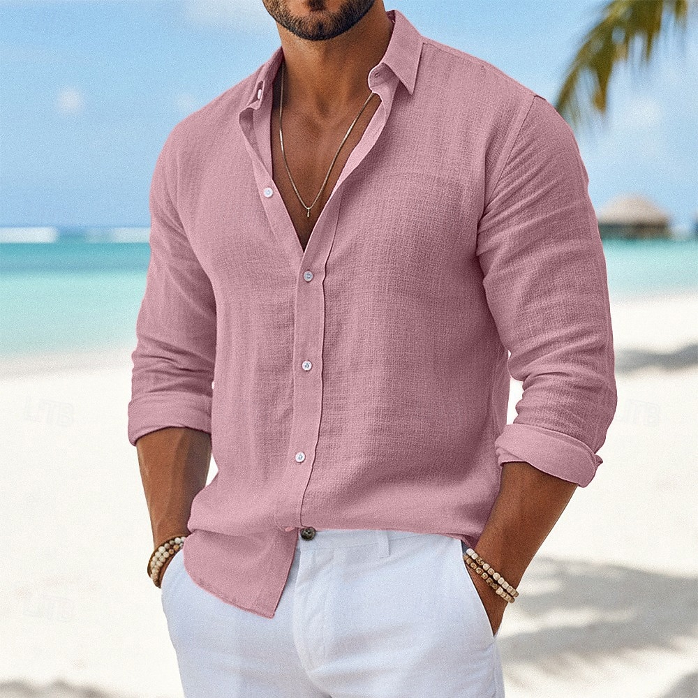 Herren Hemd Leinenhemd Sommerhemd Strandbekleidung Knopfhemd Einfach Lässig Täglich Schwarz Weiß Rosa Grün Langarm Kragen Frühling & Sommer Bekleidung 2026 - $25.99 –P10